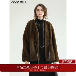COCOBELLA原色仿貂绒环保皮草外套女PU腰带秋冬短款 大衣FU3003