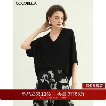 COCOBELLA慵懒风微透视V领短袖T恤女25夏蝙蝠袖针织衫TS7081-2
