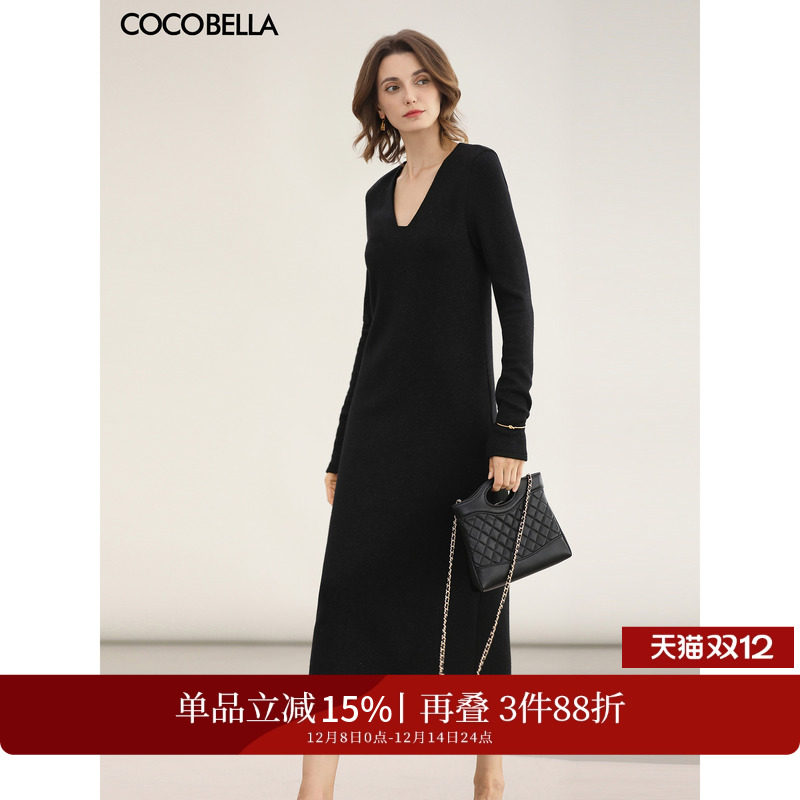 COCOBELLA气质V领黑色优雅连衣裙女秋冬通勤针织长裙FR3