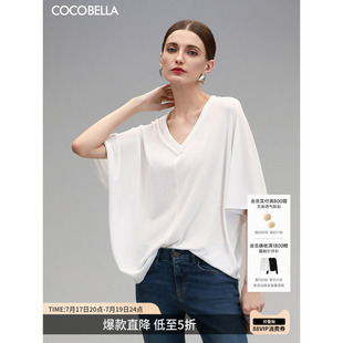 COCOBELLA简约微透视白色V领短袖T恤宽松蝙蝠袖针织衫TS7081