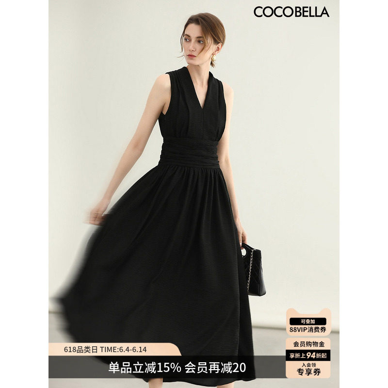 COCOBELLA赫本风法式女人味收腰连衣裙夏仿棉麻大摆长裙FR0076-2
