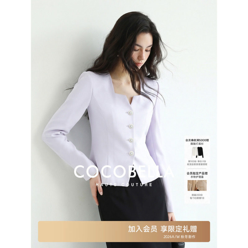预售COCOBELLA【美国naia重磅醋酸】精致桃心V领收腰西装女短上衣