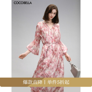 COCOBELLA设计感玫瑰花苞腰绳印花雪纺连衣裙吊带裙两件套FR176