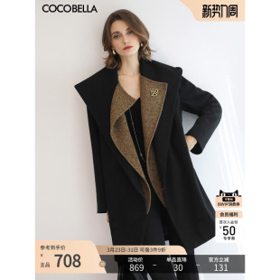 COCOBELLA设计感假两件大翻领毛呢外套女秋冬新款 黑色大衣WL0002