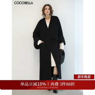 COCOBELLA黑色假两件长款 羊毛呢子大衣女通勤毛呢外套WL3228