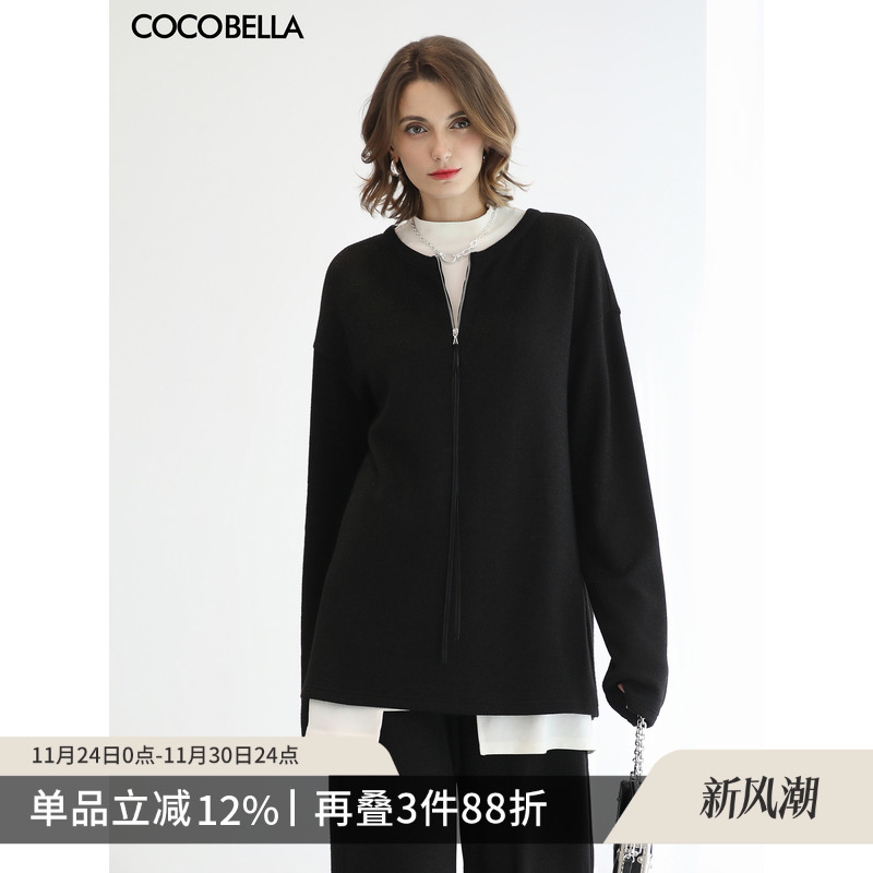 COCOBELLA时尚圆领黑色拉链毛衣秋冬通勤套头针织衫MZ3301-2