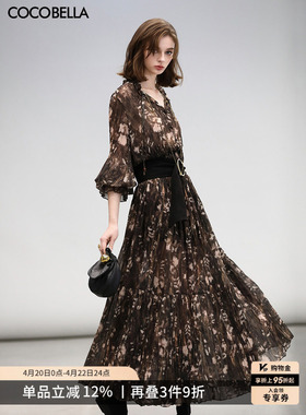 COCOBELLA复古金丝压褶印花连衣裙女度假风雪纺长裙FR3075-2