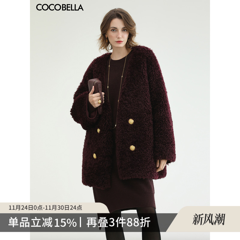 复古风绛紫环保皮草外套