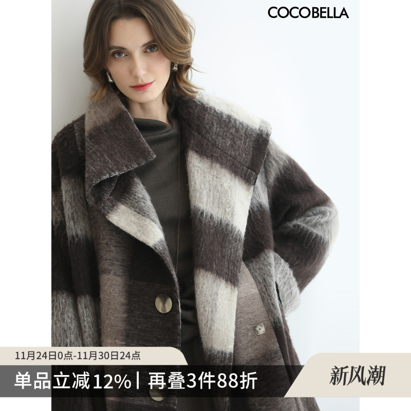 COCOBELLA设计感大翻领格子羊毛大衣加厚保暖毛呢外套WL3008