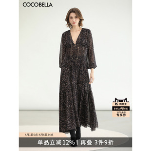 雪纺长裙FR3245 COCOBELLA女人味豹纹V领压褶连衣裙2026春长袖
