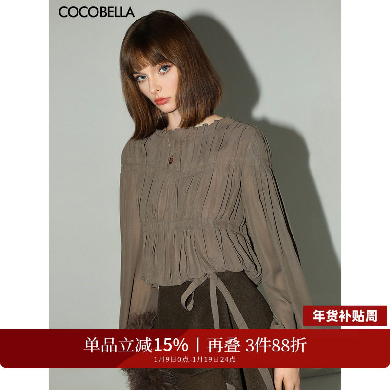 COCOBELLA名媛风手工压褶木耳边雪纺衬衫气质通勤飘带衬衣SR7062