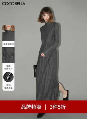 【3件5折】COCOBELLA手工压褶高领长袖连衣裙抽绳长裙FR3015