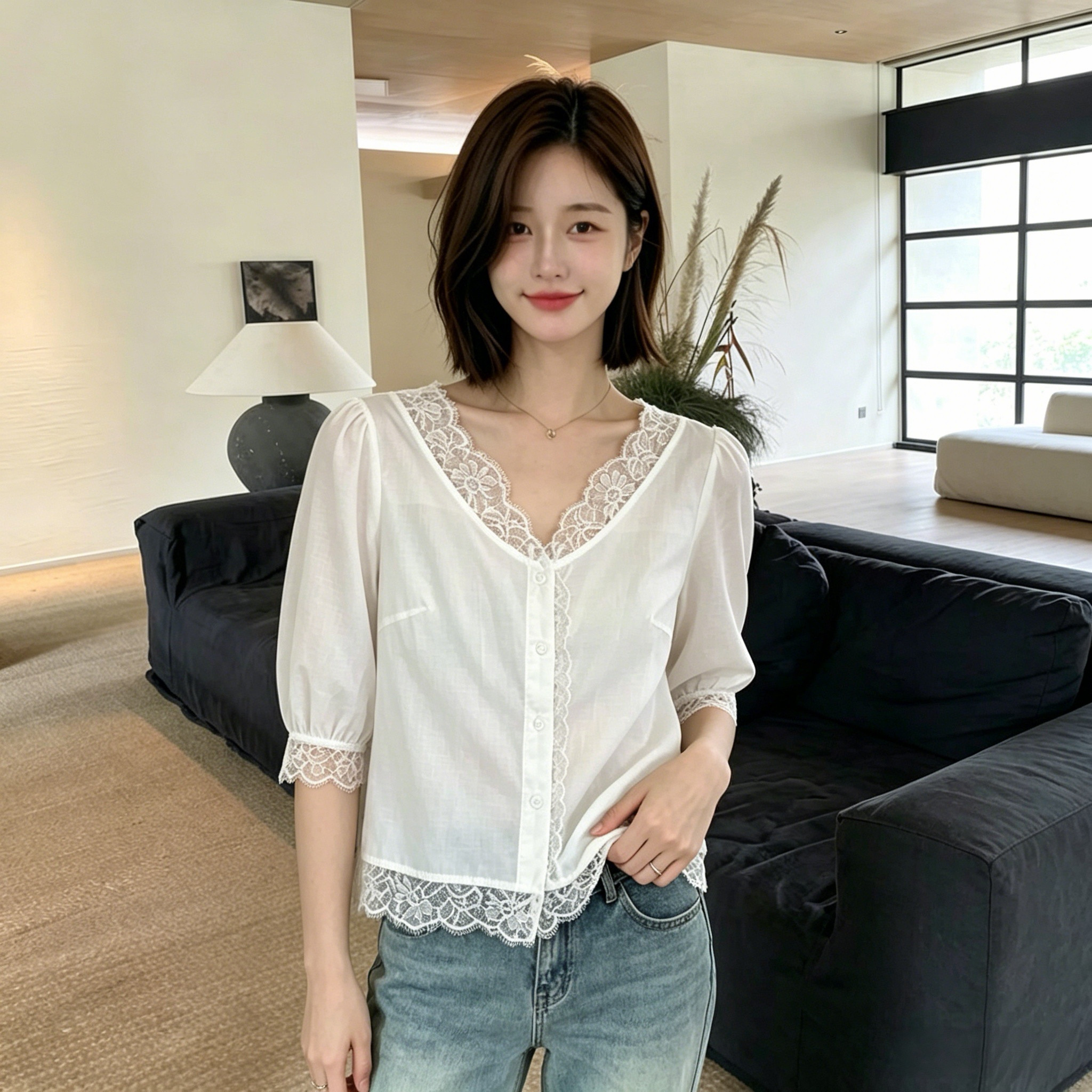 2026夏V领蕾丝拼接长袖薄上衬衫