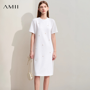 Amii女装官方2025夏新款极简旗舰店圆领短袖宽松中长款钉珠连衣裙