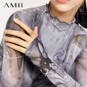 Amii弹力内搭打底衫女长袖网纱印花T恤2023春新款修身半高领上衣
