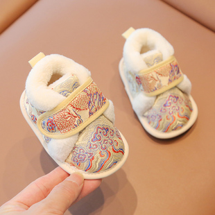 国风汉服鞋男童手工棉鞋冬季加绒保暖婴儿鞋1到2周岁鞋子男宝宝冬