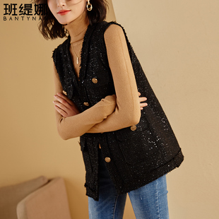 小香风黑色粗花呢马甲女无袖双排扣珠片流光外套气质背心洋气高贵