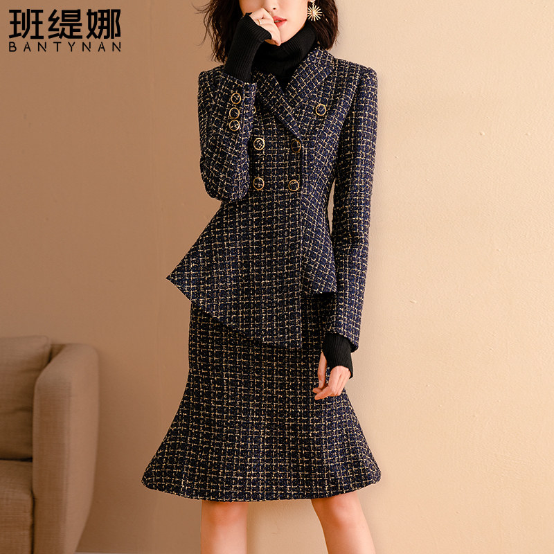 粗花呢小香风套装女气质秋冬新款时尚洋气小个子毛呢短裙两件套