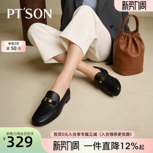 英伦风小皮鞋 何宣林同款 秋冬真皮法式 女新款 百田森皮带扣乐福鞋