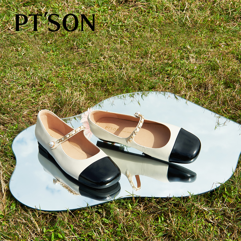 百田森链条珍珠扣带小香风单鞋