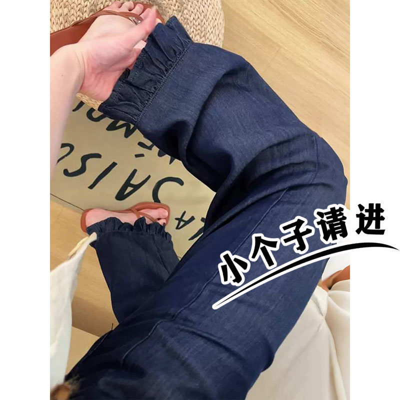 丹宁蓝木耳花边牛仔裤女夏薄款高腰显瘦宽松小个子九分休闲直筒裤图片