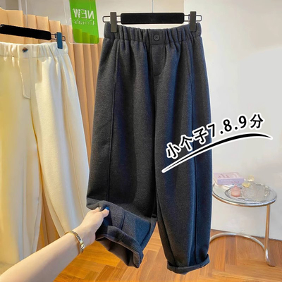 深灰色加绒毛呢裤女秋冬新款小个子150高腰加厚八九分萝卜裤子xxs