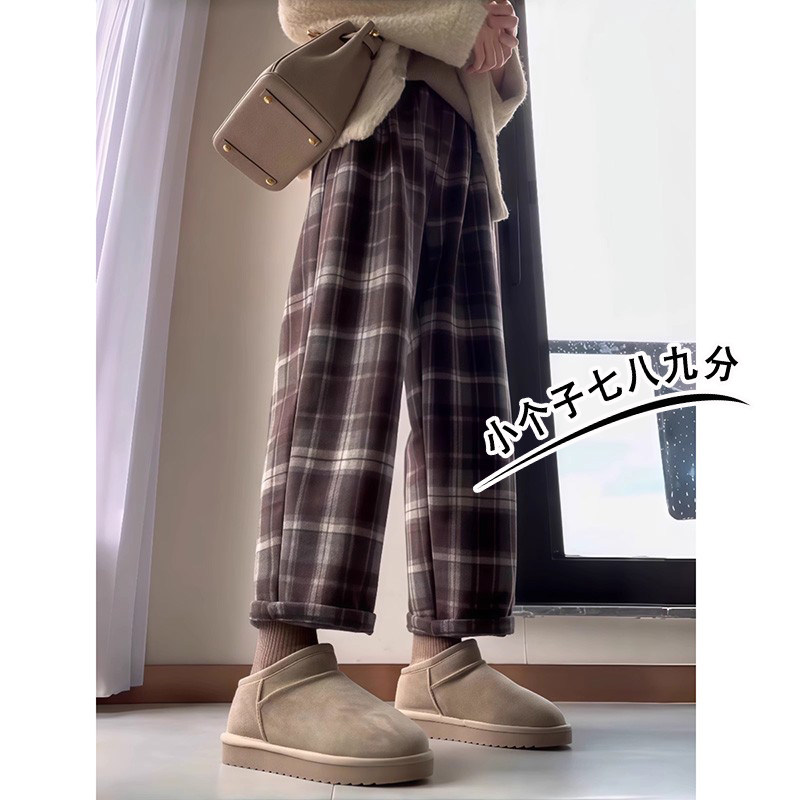 150小个子裤子女秋冬加厚格子毛呢裤高腰宽松九分哈伦萝卜裤xxs码