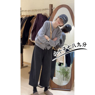 145xxs七分毛呢闊腿褲 女小個子秋冬加厚松緊腰寬松顯瘦蘿卜休閑褲