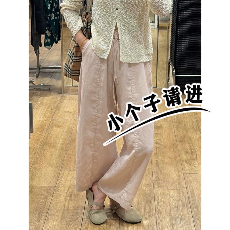 粉色亚麻休闲弯刀裤八分裤女小个子150夏季日系显瘦百搭阔腿裤xxs