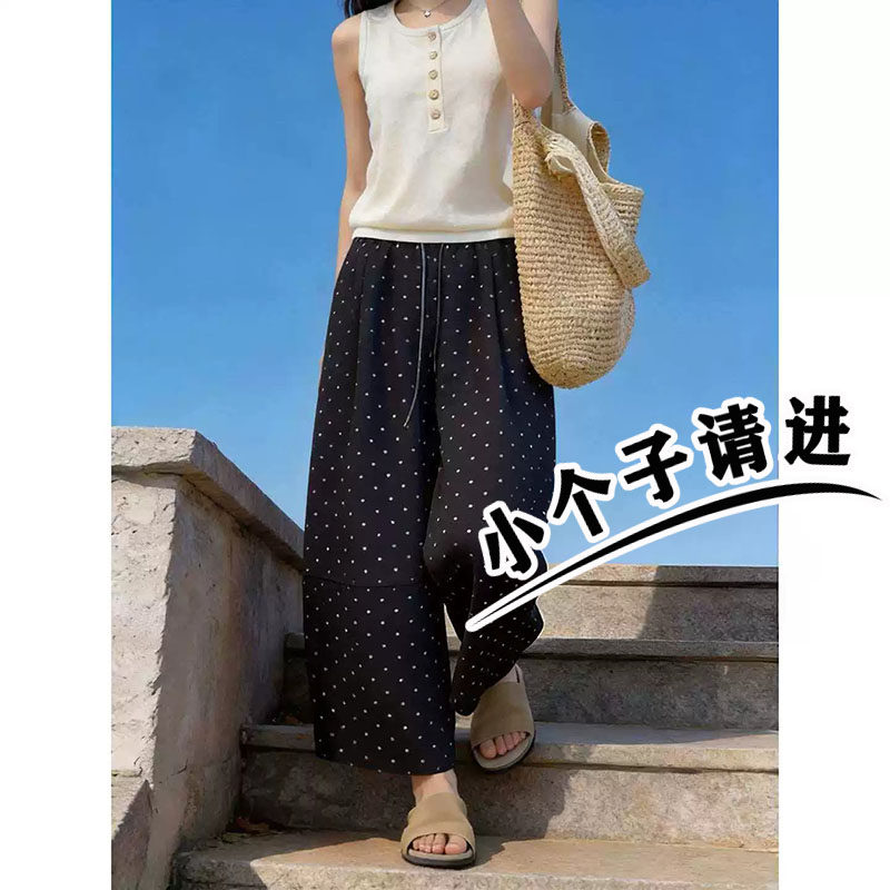 韩版黑色八分波点气球裤女夏季薄款小个子九分宽松遮肉弯刀阔腿裤