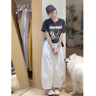韩系小个子高腰弯刀阔腿裤女夏薄款八九分宽松显瘦百搭香蕉哈伦裤