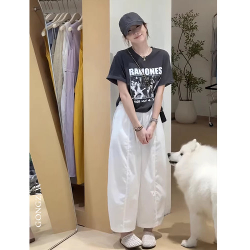 韩系小个子高腰弯刀阔腿裤女夏薄款八九分宽松显瘦百搭香蕉哈伦裤