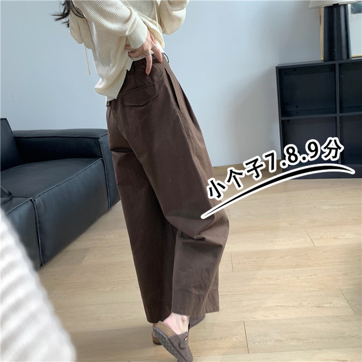 150小个子秋冬复古咖色宽松阔腿裤女八九分裤子高腰日系休闲裤xxs