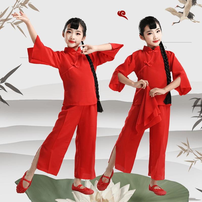 九儿演出服装女儿童中国风表演服红高粱舞蹈古典秧歌村姑同款衣服