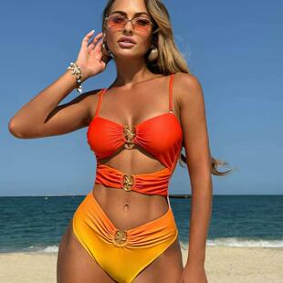 速卖通ins跨境镂空金属环小清新少女感显瘦连体泳衣沙滩性感泳装