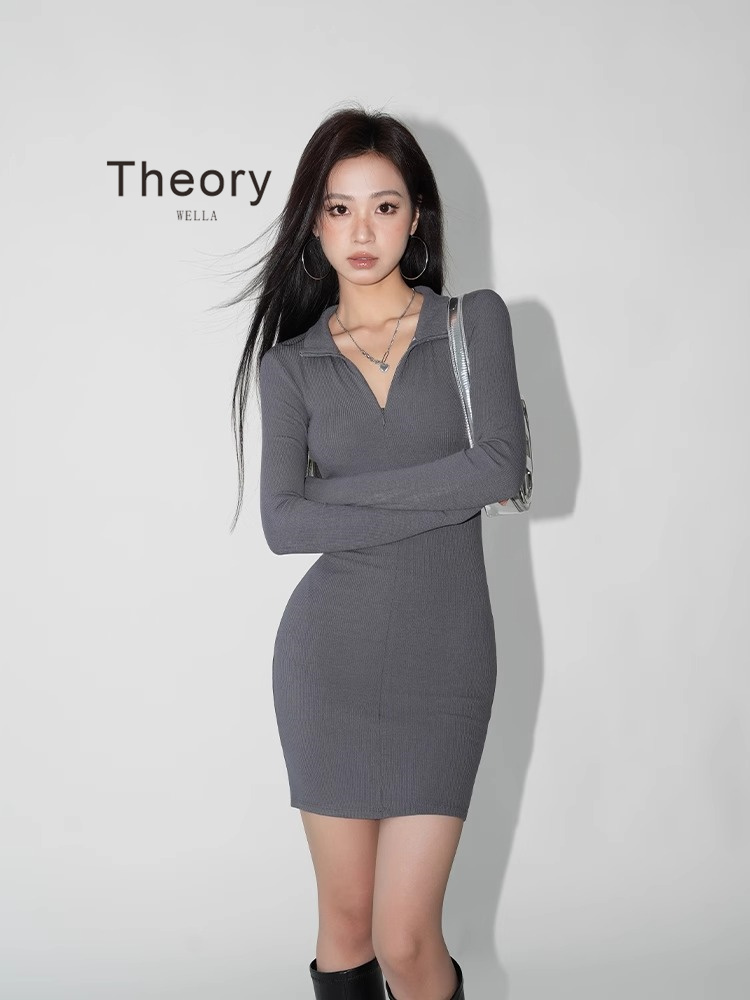 Theory wella 针织包臀连衣裙女春秋小个子修身紧身打底辣妹毛衣