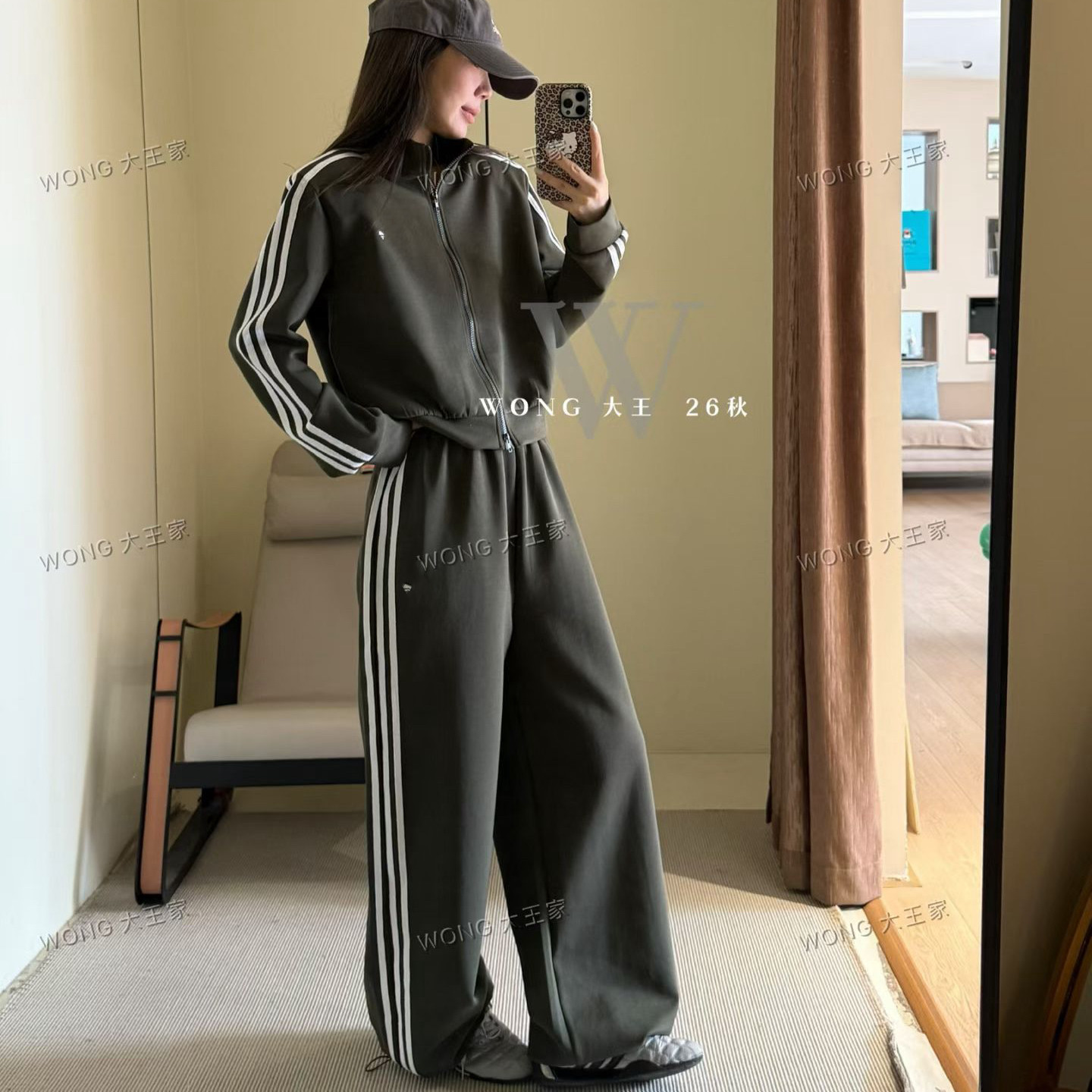 Wong7秋季新休闲运动套装女双拉链垫肩外套+直筒阔腿裤卫衣两件套