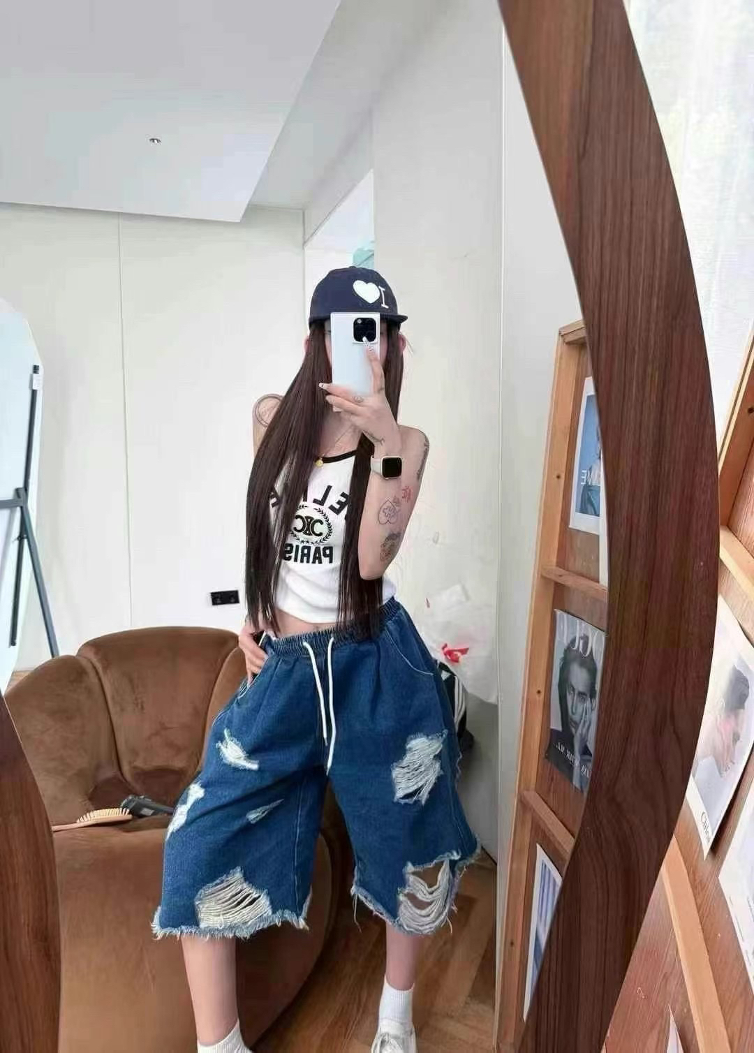 夏季新款美式复古破洞毛边牛仔短裤女宽松直筒五分裤休闲百搭裤子