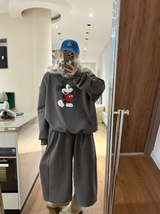 韩系冬新款懒惰风套装卡通印花休闲卫衣+阔腿七分裤加绒两件套装