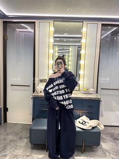 美式休闲懒惰风套装潮秋季新款印花字母斜肩宽松卫衣阔腿裤两件套