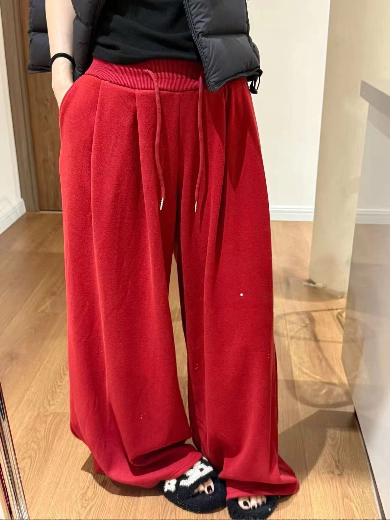 冬季新款加绒加厚卫裤女宽松抽绳束脚休闲运动阔腿裤直筒拖地长裤