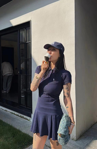 夏季新款刺绣polo领短袖休闲T恤裙 休闲运动减龄百褶连衣裙短裙女