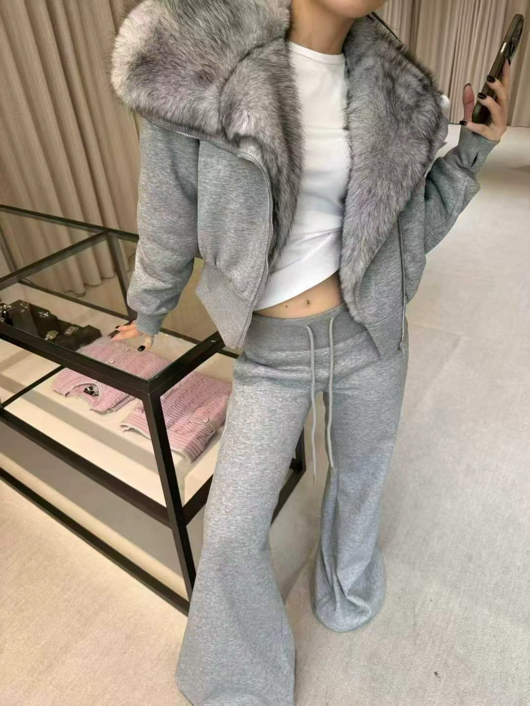 冬季新款加厚套装洋气斜拉链大毛领加棉卫衣外套+微喇叭裤两件套