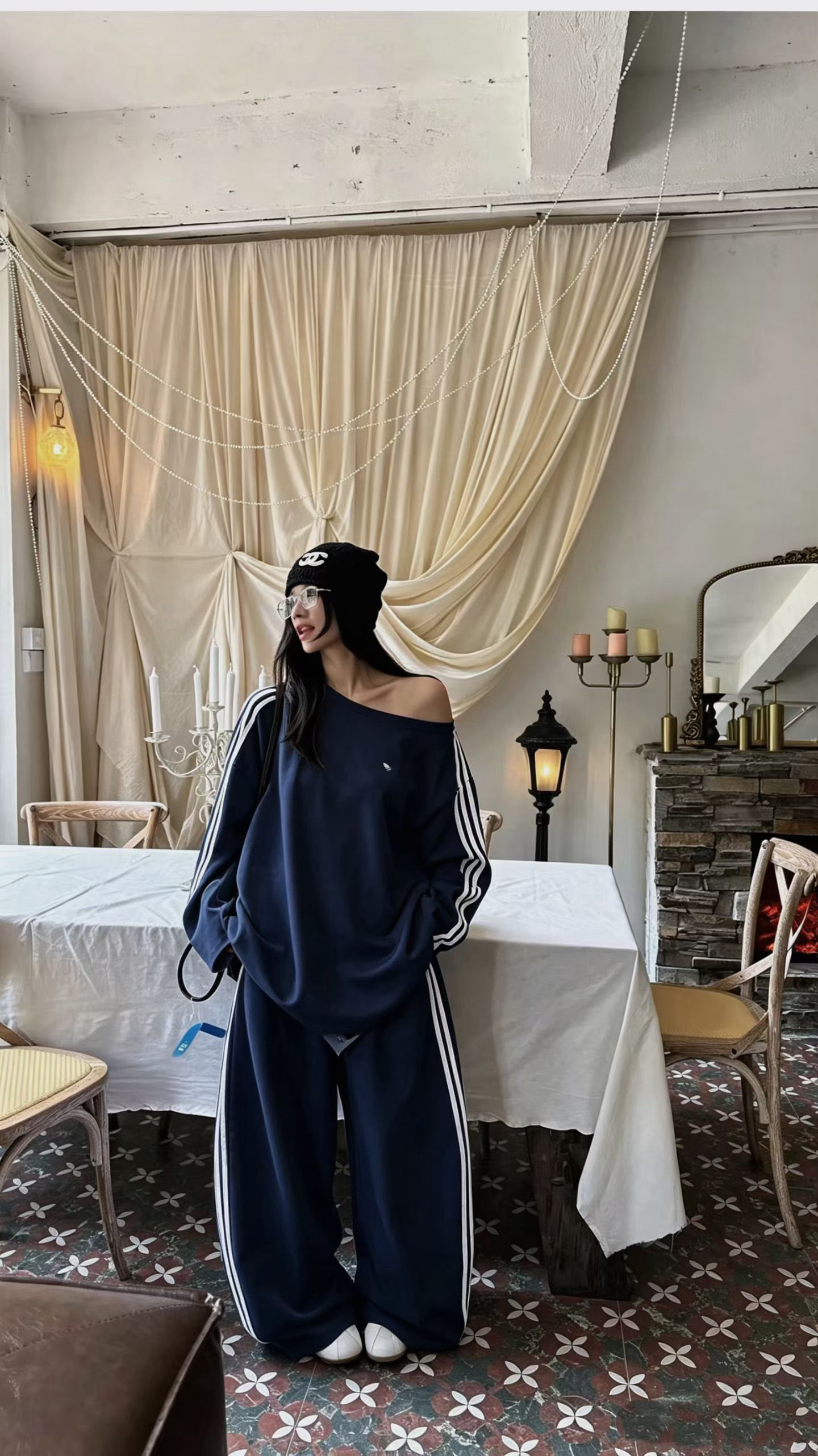 美式复古侧条纹休闲运动套装女秋季新款宽松显瘦卫衣阔腿裤两件套