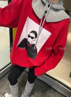 韩系冬季新款加绒加厚圆领卫衣美女印花宽松松弛感懒惰风上衣潮