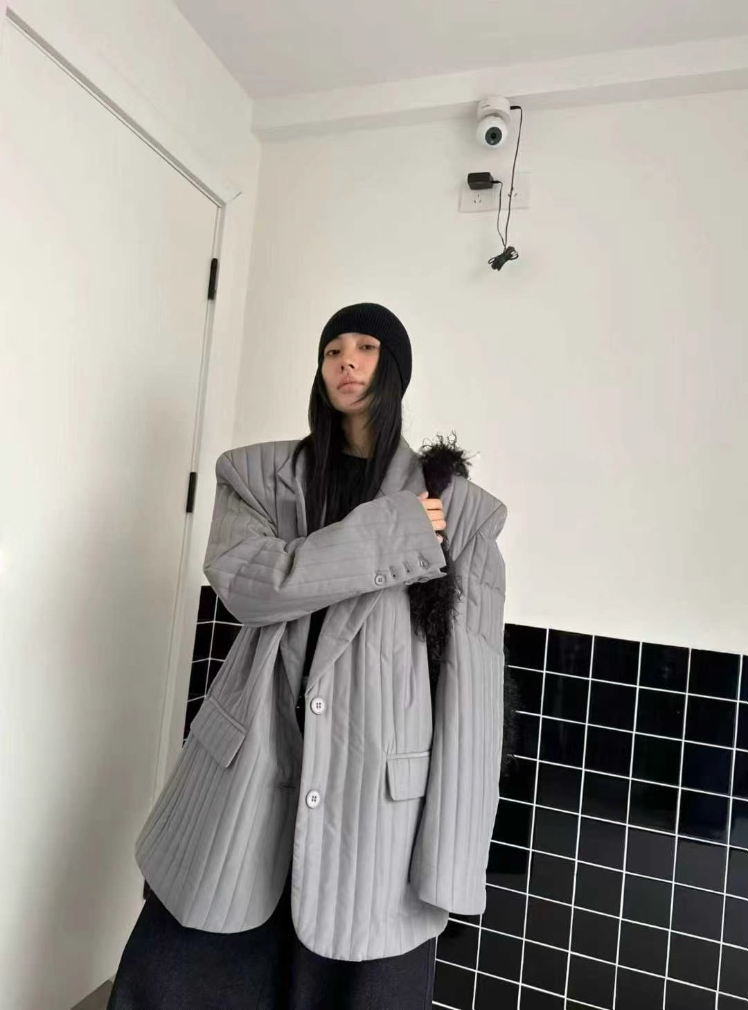 韩系冬季新款加棉保暖垫肩西装休闲宽松百搭后开叉阔版个性外套潮