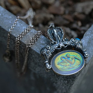 和合大仙人 丽达与天鹅 原创S925银复古火漆印吊坠项链 古董琉璃