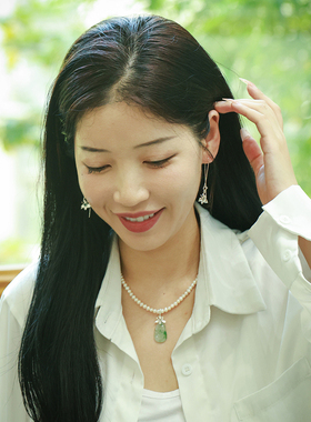 和合大仙人 原创s925冰种飘花翡翠如意 天然珍珠项链耳环多用套装