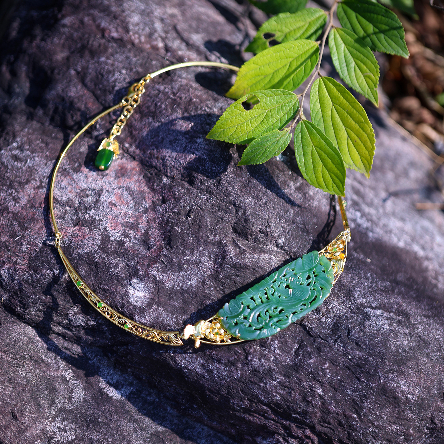 和合大仙人 原创孤品凤穿牡丹 S925银镀金 古董和田碧玉璎珞项圈