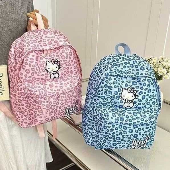 韩版复古粉豹纹凯蒂猫双肩包女大容量学生书包可爱蝴蝶结休闲背包